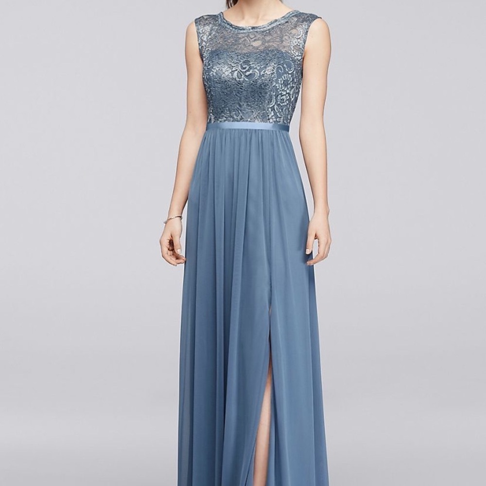Long Bridesmaid Dress with Lace Bodice in Dusty Blue